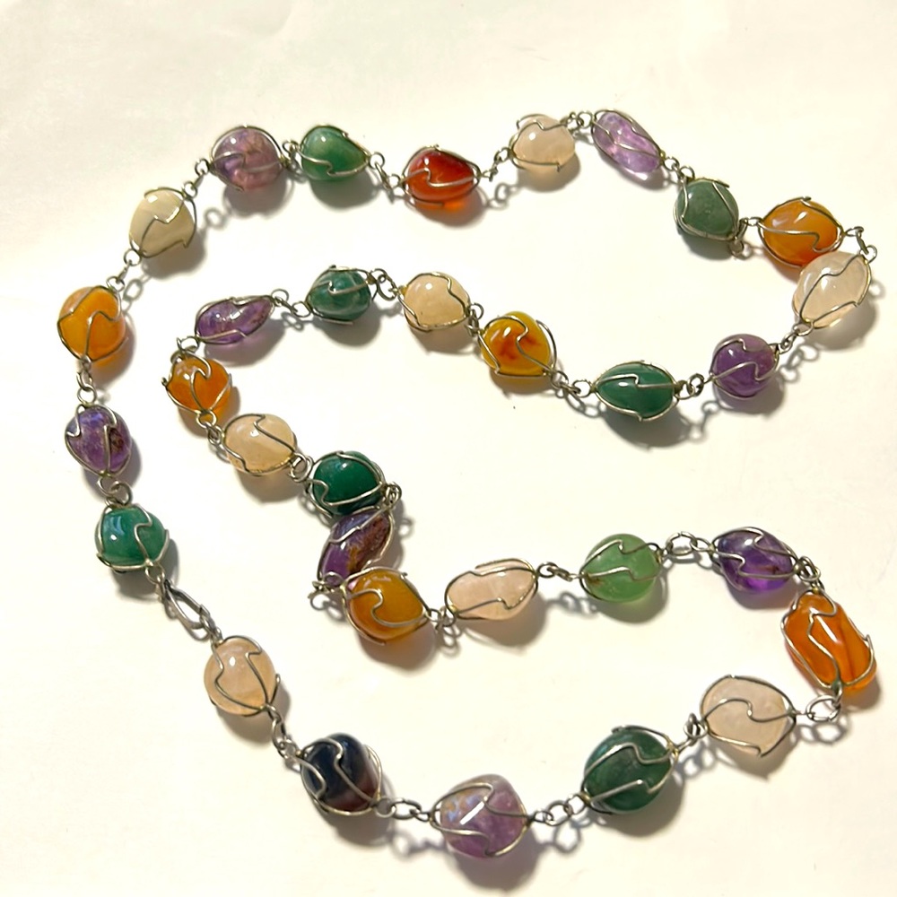 Vintage Silver Wire Wrapped Semi Precious Stone Linked Necklace 30"